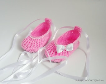 Pink Crochet Shoes, Girl Fotwear, Ballerinas Shoes, Saten Ribbon , Newborn Shoes, Toddlers Baby Shoes, Shoes For Baptism , Cristening Shoes