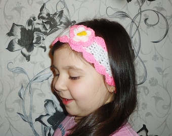 Crochet Headband, White Headband, Baby Headband, Crochet Pink Flowers, Girl Hadband, Crochet Summer Hadband , Headband