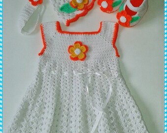 Crochet Baby Dress, Baby Girl Christening Set, Baby Girl Crochet Dress, Sandals, headband and shoes set, newborn dress