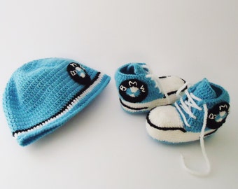 Crochet Baby Boy Set, Baby lovers, Crochet Baby Sneakers, Crochet Set, Crochet Blue Sets, Baby Set,  Warm Baby Set, Newborn Boy Crochet Hat,