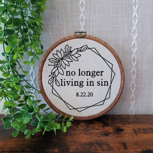 No Longer Living in Sin Wall Decor / Funny Engagement Gift / Funny Wedding Gift / Faux Cross Stitch / Gift for Wife / Fun Anniversary Gift