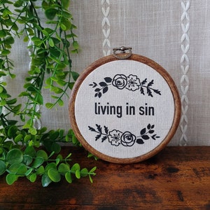 Living in Sin Wall Decor / Unmarried Couple Gift / Faux Embroidery / Faux Cross Stitch / Funny Home Decor / Funny Couple Gift / Gift for Her