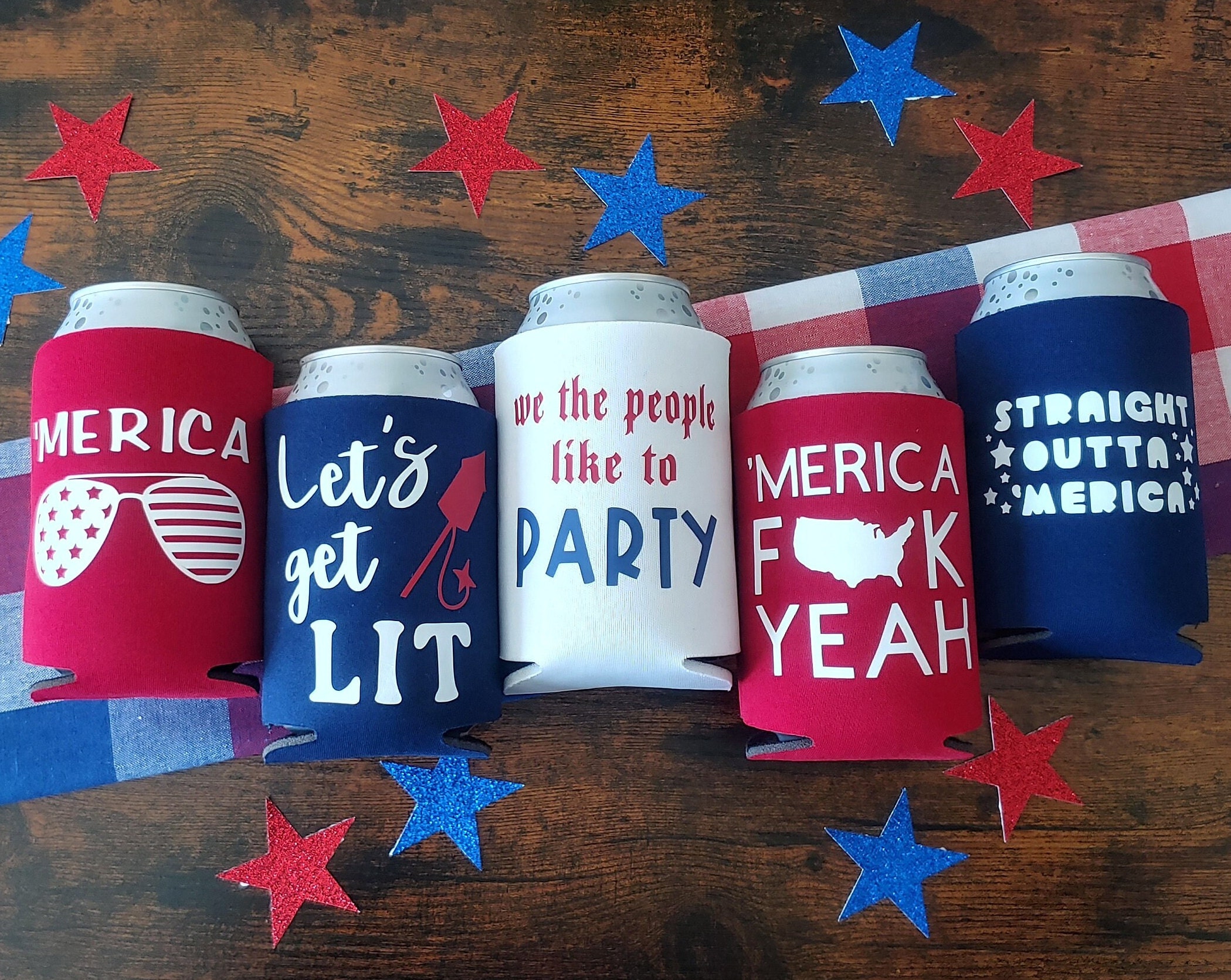 HOUSE OF PARTY 4th of July Can Koozies | 6PCS Beer Can Coolers Sleeves Bulk  for Soda Drink Bottles | Red White Blue Patriotic Fourth of July Can