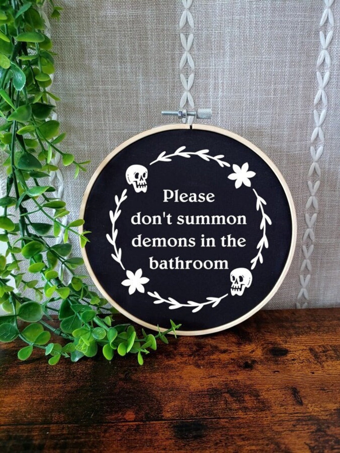 Please Don&#39;t Summon Demons in the Bathroom Wall Decor / Faux Embroidery / Funny Bathroom Decor / Funny Wall Decor / Funny Home Decor