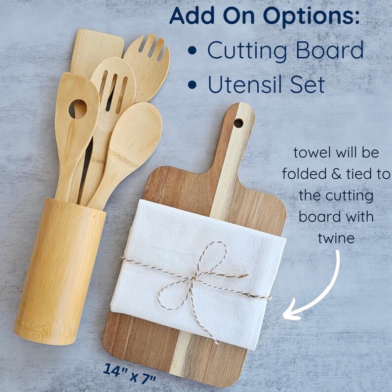 a cutting board with utensils and a cutting board with twine