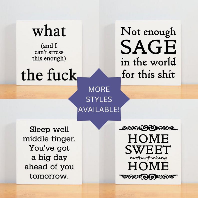 a shelf with four different types of signs on it