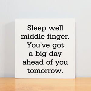 May include: White background with black text that reads "Sleep well middle finger. You've got a big day ahead of you tomorrow."