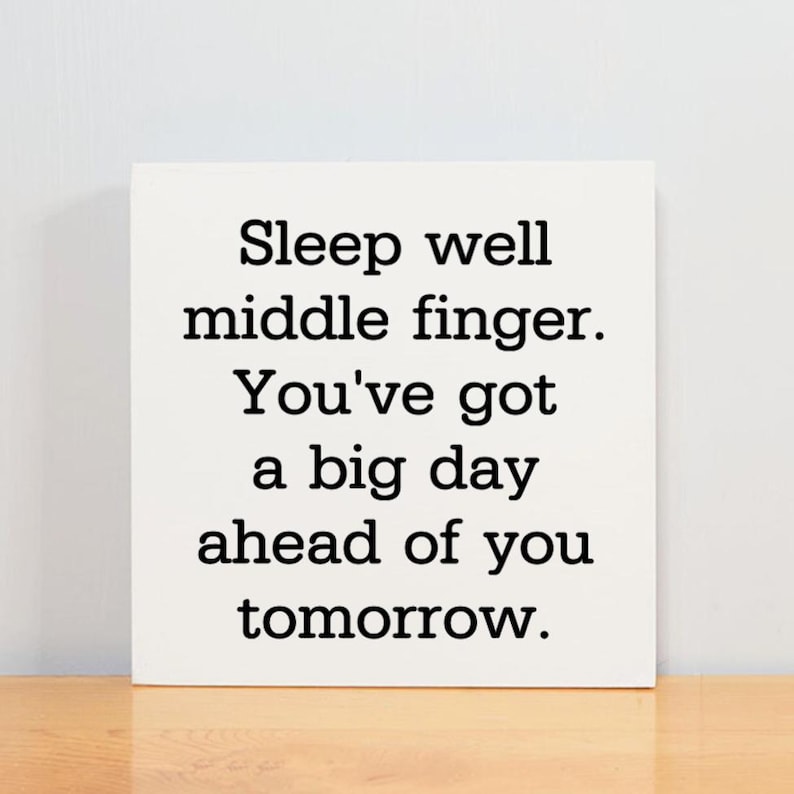May include: White background with black text that reads "Sleep well middle finger. You've got a big day ahead of you tomorrow."