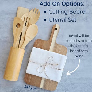 a cutting board with utensils and a cutting board with twine