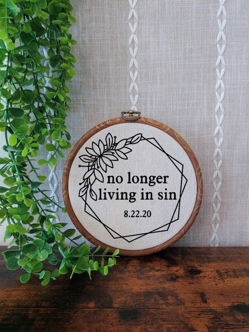 No Longer Living in Sin Wall Decor / Funny Engagement Gift / Funny Wedding Gift / Faux Cross Stitch / Gift for Wife / Fun Anniversary Gift