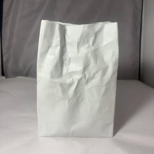 Puede incluir: Un florero de cer&aacute;mica blanca con forma de bolsa de papel arrugada. El objeto presenta un acabado mate con pliegues y arrugas marcadas en toda su superficie, imitando la apariencia de un recipiente de papel aplastado en una estructura r&iacute;gida.