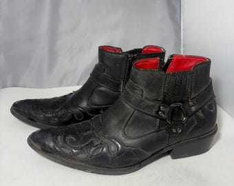 Jezamé Black Western Ankle Boots with Harness, embroidered flame details, O-ring strap, red lining, side zipper