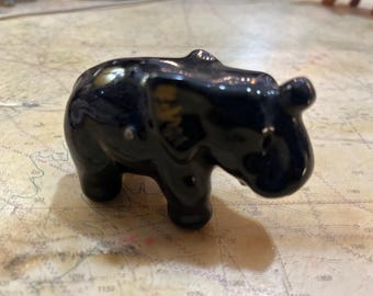 Vintage Japan Mini Elephant Figurine, Black Gold Ceramic Figure, Elephant Statue, Mid-Century Decor, Collectible Gift
