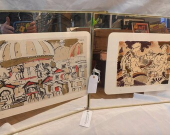 Abstract Lazzaro Donati signed print pair, limited edition set, 1971 dated, Italian modern art, mid century wall decor
