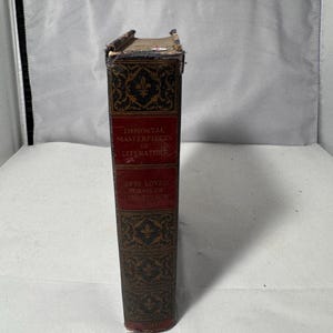 Puede incluir: Un libro antiguo con una cubierta desgastada y texturizada. El lomo es de color marrón oscuro con patrones dorados y negros ornamentados. El título "Immortal Masterpieces of Literature" es visible en un panel rojo.