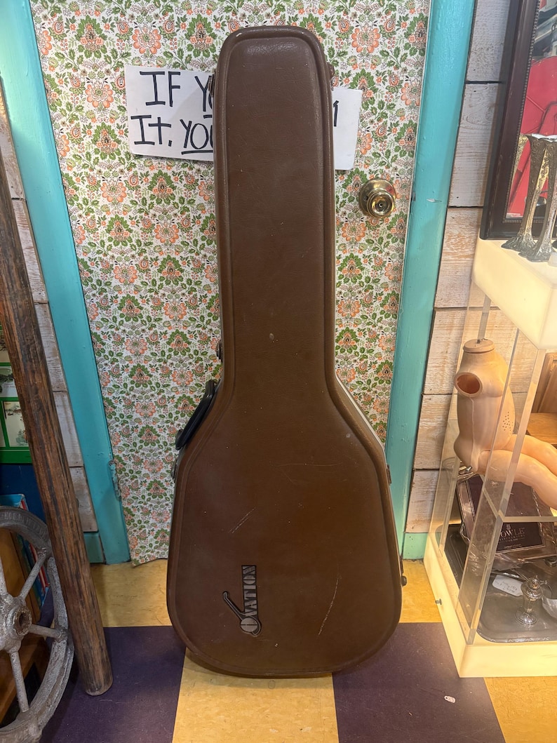 May include: A brown guitar case with the brand name "Ovation" printed on the front. The case is made of a durable material and has a handle for carrying. The case is standing in front of a floral patterned door. The text "IF YOU IT. YOU" is visible on the door.