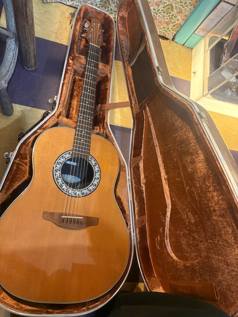 May include: Acoustic guitar in a brown case. The guitar has a light brown wooden body with a round sound hole and a black and white rosette. The case is open, revealing a brown velvet interior.