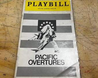 Programa de mano de Pacific Overtures, elenco original de Broadway, musical de Stephen Sondheim, recuerdos teatrales, abril de 1976
