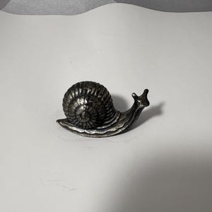 Puede incluir: Figura de caracol plateado con concha detallada y cuerpo texturizado. El caracol se representa en posición de arrastre, con sus antenas extendidas. Es un objeto decorativo, ideal para escritorio o estantería.