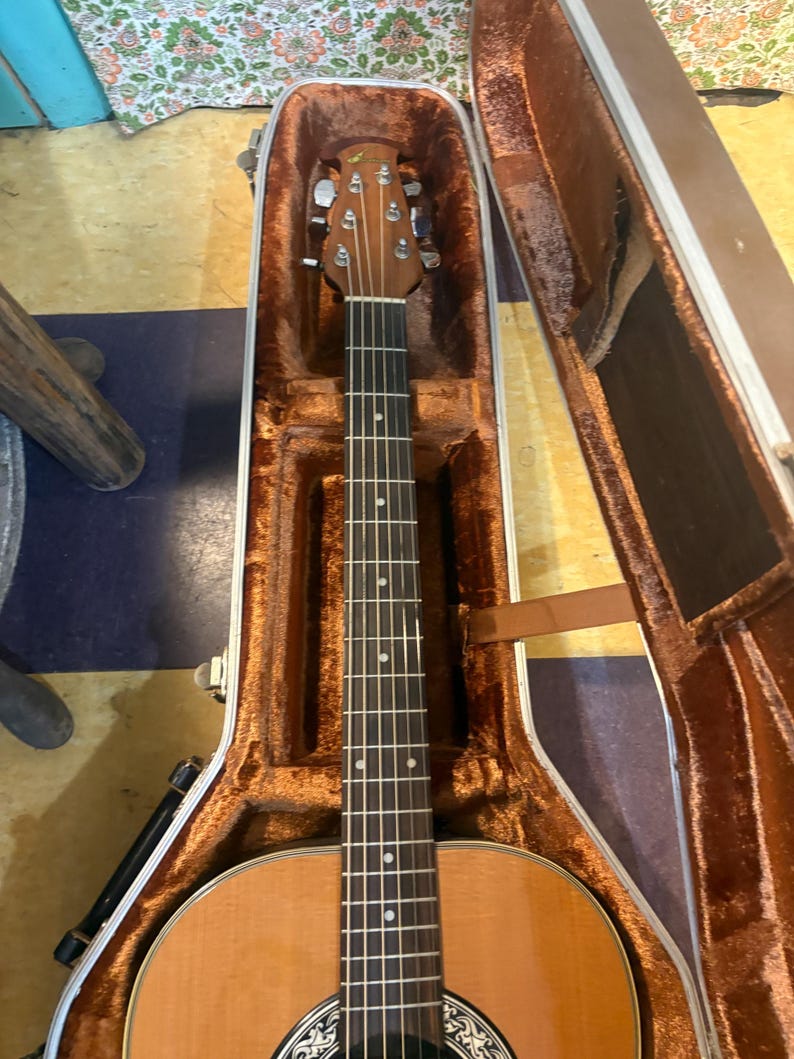May include: An acoustic guitar in a brown case. The guitar has a light wood body, a dark fretboard, and a decorative soundhole. The case is open, revealing a plush, brown interior.