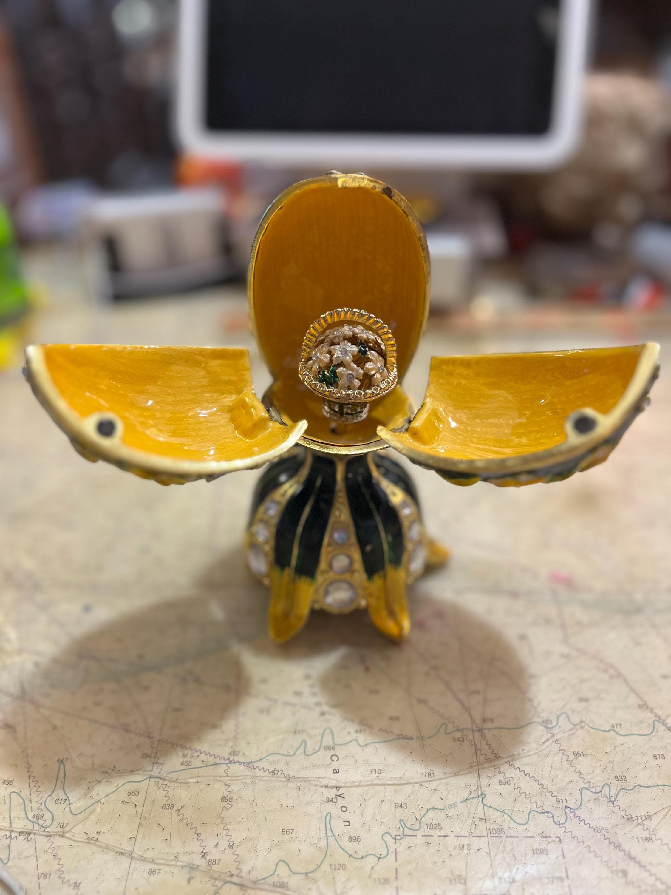 Vintage Rue Moliere Jewel Egg Music Box, Flower Basket, Dance of