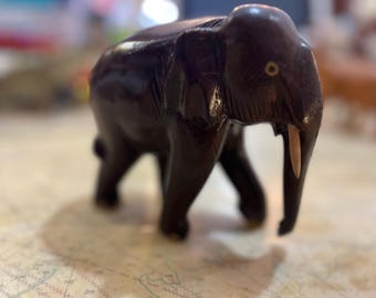 Vintage Hand Carved Wood Elephant Figurine, Asian Animal Decor, Wooden Figure, Home Accent, Good Luck Elephant