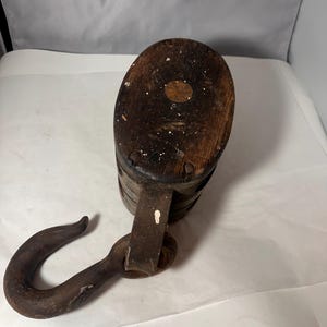 Vintage very large Upton Wilton Wooden Block and Tackle, UW pulley, industrial rigging decor, nautical farmhouse accent, reclaimed hardware