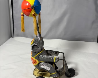 Vintage Schylling Circus Elephant Toy Bike, wind up tin lithograph, retro toy collectible, shelf decor