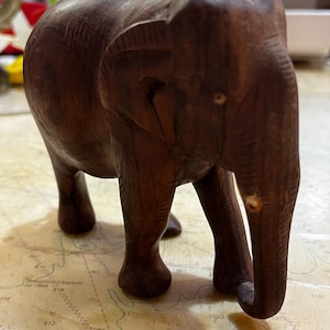 Vintage Wooden Elephant Figurine, Hand Carved Elephant, Solid Wood Decoration, Good Luck Elephant Gift