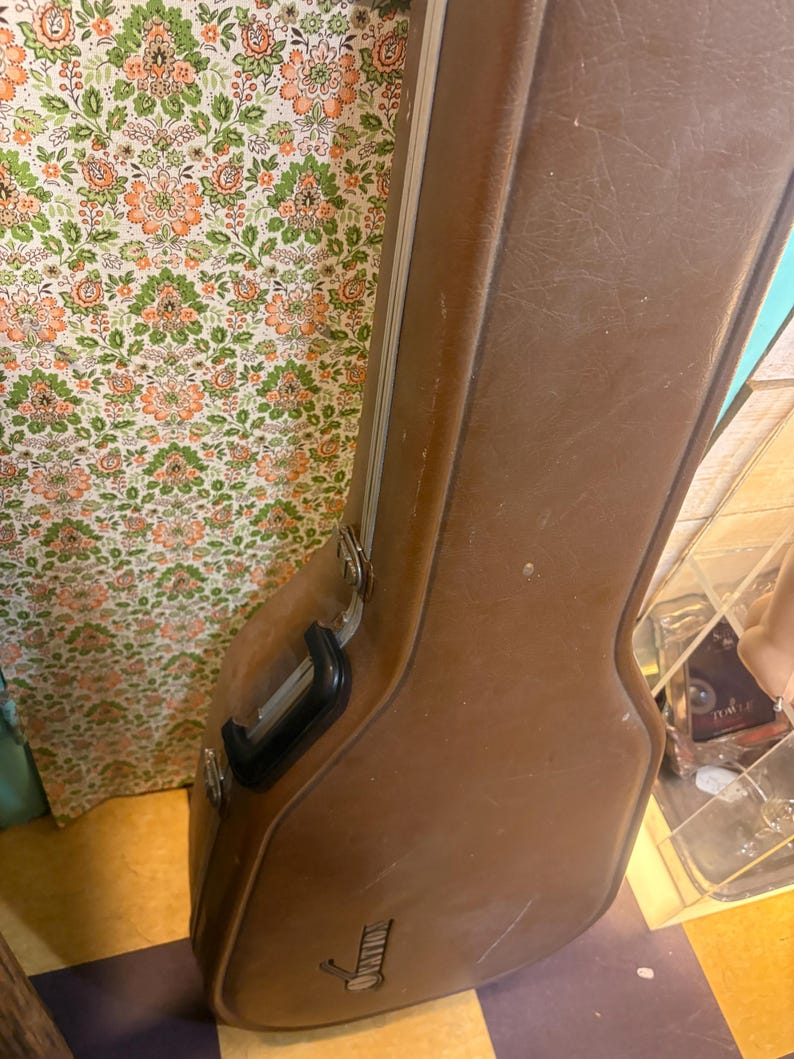 May include: A brown guitar case with a black handle and silver hardware. The case has a textured surface and the word "ovation" is printed on the side. The case is leaning against a floral patterned wall.