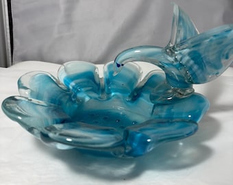 Plato para pájaros de cristal turquesa estilo Murano, cristal artístico italiano vintage, remolino azul y blanco, cuenco para baratijas, cenicero, decoración escultórica pesada