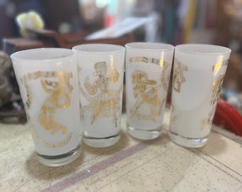 Federal Glassware Calypso Frosted Tom Collins Glasses, Vintage Dishware Set of 4, Gold Design, Unique Glassware