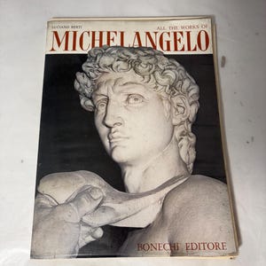 May include: A book titled "Michelangelo All the Works of" by Luciano Berti. The cover features a grayscale image of a sculpture of a man's head and shoulders. The publisher's name, BONECHI EDITORE, is at the bottom.