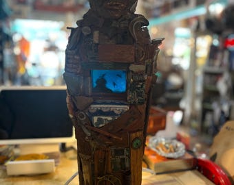Assemblage Mixed Media Sculpture, Internal Light Sculpture, 20th Century Artwork, Modern Art Piece, Sculptural Lighting