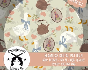 Grandmacore Vintage Goose Cottagecore - HAND DRAWN Seamless Pattern, Digital PNG, Instant Download, 300DPI