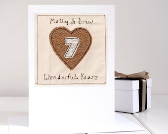 Personalised Embroidered 7th Wedding Anniversary Card - Copper Anniversary Card For Wife, Husband, Couples - 7 Years Together Heart Card