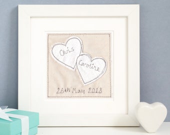 Personalised Embroidered Framed Picture Gift For Wedding, Cotton 2nd Anniversary, Linen 4th Anniversary, Engagement Or Valentine's Day