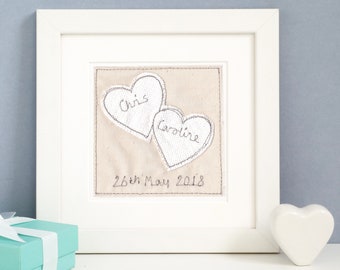 Image brodée encadrée personnalisée pour mariage, 2e anniversaire de mariage en coton, 4e anniversaire en lin, fiançailles ou Saint-Valentin
