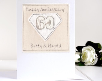 Personalised Embroidered Diamond Wedding Anniversary Card - 60th Anniversary Card For Husband, Wife, Parents, Grandparents, 60 Years Married