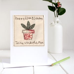 Personalisierte gestickte Zimmerpflanze Karte für Geburtstag, Muttertag, Housewarming, neues Zuhause, 9-jähriges Keramikjubiläum - Hauspflanzentopfkarte