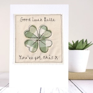 Carte porte-bonheur brodée personnalisée pour examens, nouvel emploi, université, retraite, départ du travail - Carte trèfle à quatre feuilles - Saint-Patrick