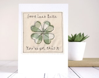 Personalised Embroidered Good Luck Card For Exams, New Job, University, Retirement, Leaving Job - Four Leaf Clover Card - St Patrick's Day