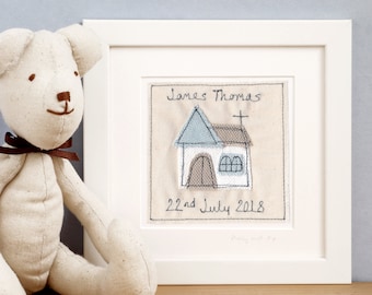 Personalised Embroidered Christening Picture For Boys, Son, Grandson, Godson - Boys Baptism Gift - First Holy Communion Gift - Framed Art