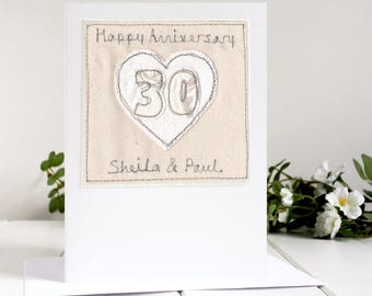 Gepersonaliseerde geborduurde kaart 30e huwelijksverjaardag - Pearl Anniversary Card voor man, vrouw, stel, ouders - kaart 30 jaar samen