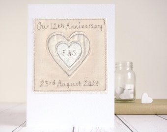 Personalised Embroidered Silk 12th Wedding Anniversary Card - 12 Years Married Card For Husband, Wife, Couple - Twelfth Anniversary Card