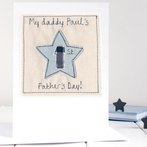 Personalised Embroidered 1st Star Card - First Birthday Card For Boys, Son, Grandson, Godson - 1st Fathers Day Card For Dad, Daddy,  Grandad