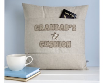 Personalised Embroidered Pocket Cushion Cover For Dad, Grandad, Husband - Pillow Gift For Birthday Or Fathers Day - Reserved For Him Cushion