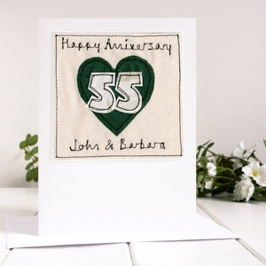 Biglietto di auguri personalizzato ricamato per il 55° anniversario di matrimonio - Biglietto di auguri per l'anniversario di matrimonio color smeraldo - Biglietto di auguri per i 55 anni di matrimonio per nonni, marito, moglie