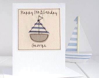 Personalised Embroidered Sailing Boat Card - Nautical Birthday Card - Yacht Father's Day Card For Dad Or Grandad - Boys Nautical Nursery