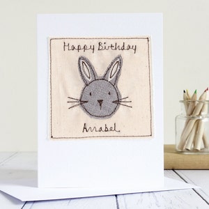 Personalised Embroidered Bunny Rabbit Card for Girls Birthday, New Baby, Easter - 1st Birthday Card For Daughter, Granddaughter, Niece, Her